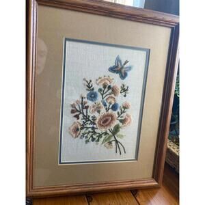 Framed Vintage Embroidered Floral Artwork – Flowers & Butterfly